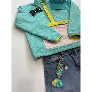 Chubbies Pullover Reversible Windbreaker Jacket Teal Pink Yellow Geometric Print